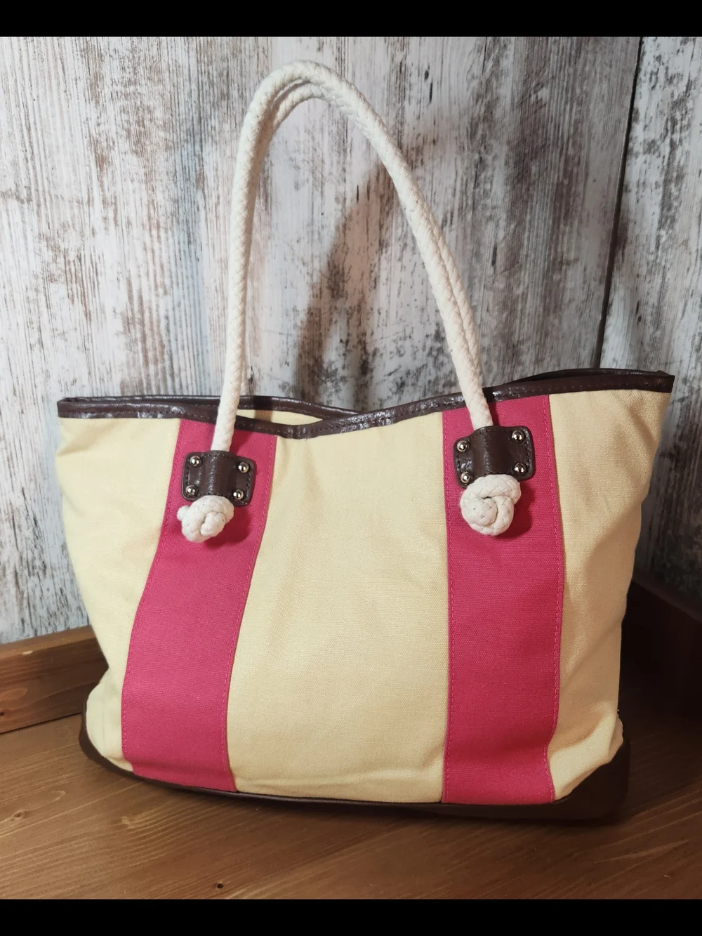 Straw Studios Cream Canvas Tote with Pink Stripes Rope Handles Nautical Vibes